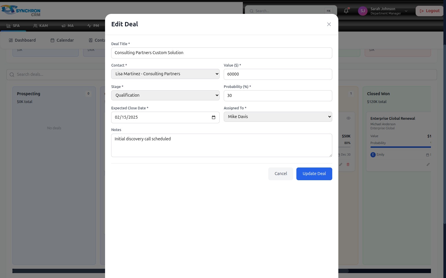Edit Deal modal pre-populated with deal details for Consulting Partners Custom Solution, showing fields for Contact, Value of 60000, Stage set to Qualification, Probability at 30%, Expected Close Date, Assigned To Mike Davis, and Notes