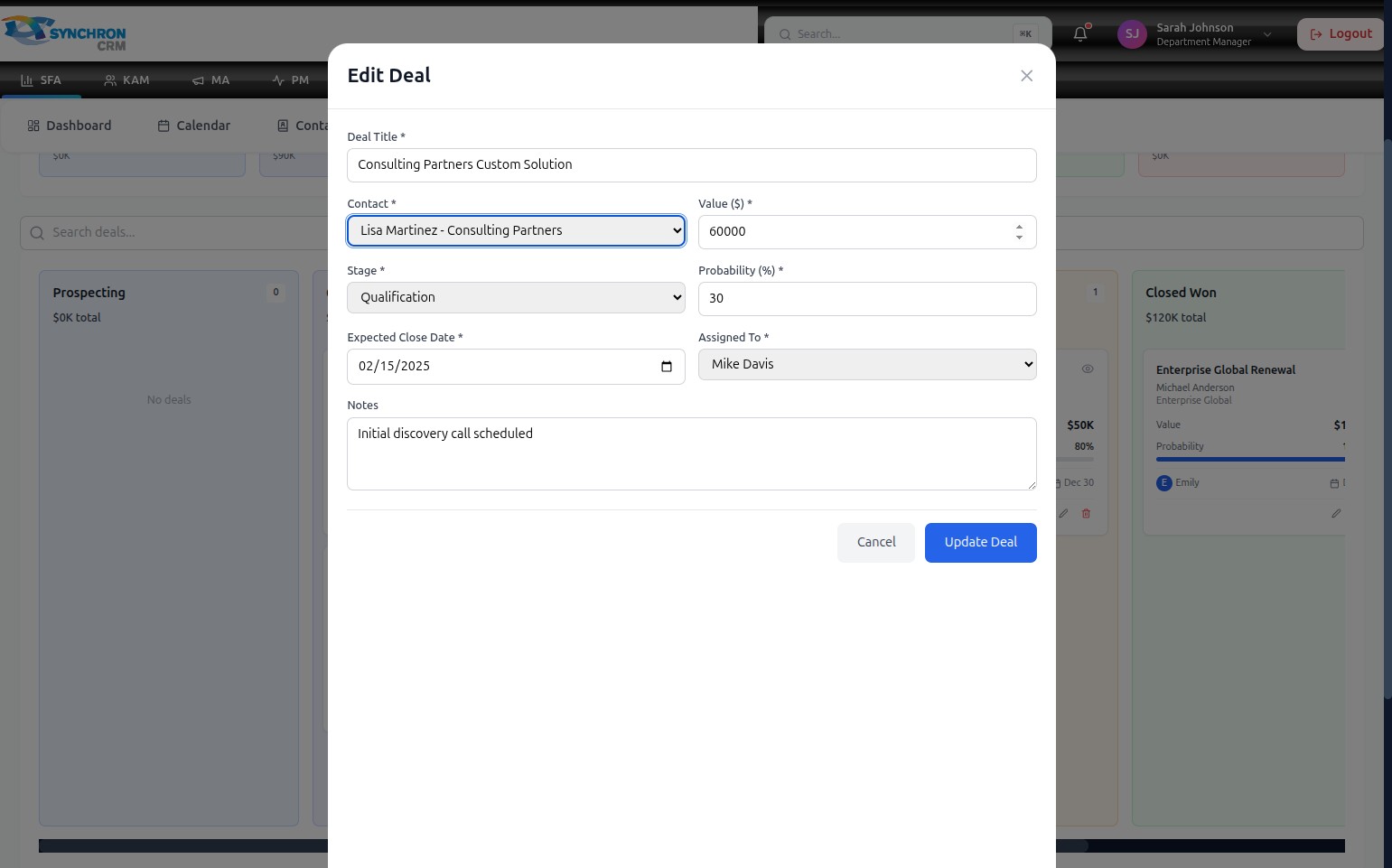 Edit Deal modal with multiple fields visible — Deal Title, Contact, Value, Stage, Probability, Expected Close Date, Assigned To, and Notes — ready for editing