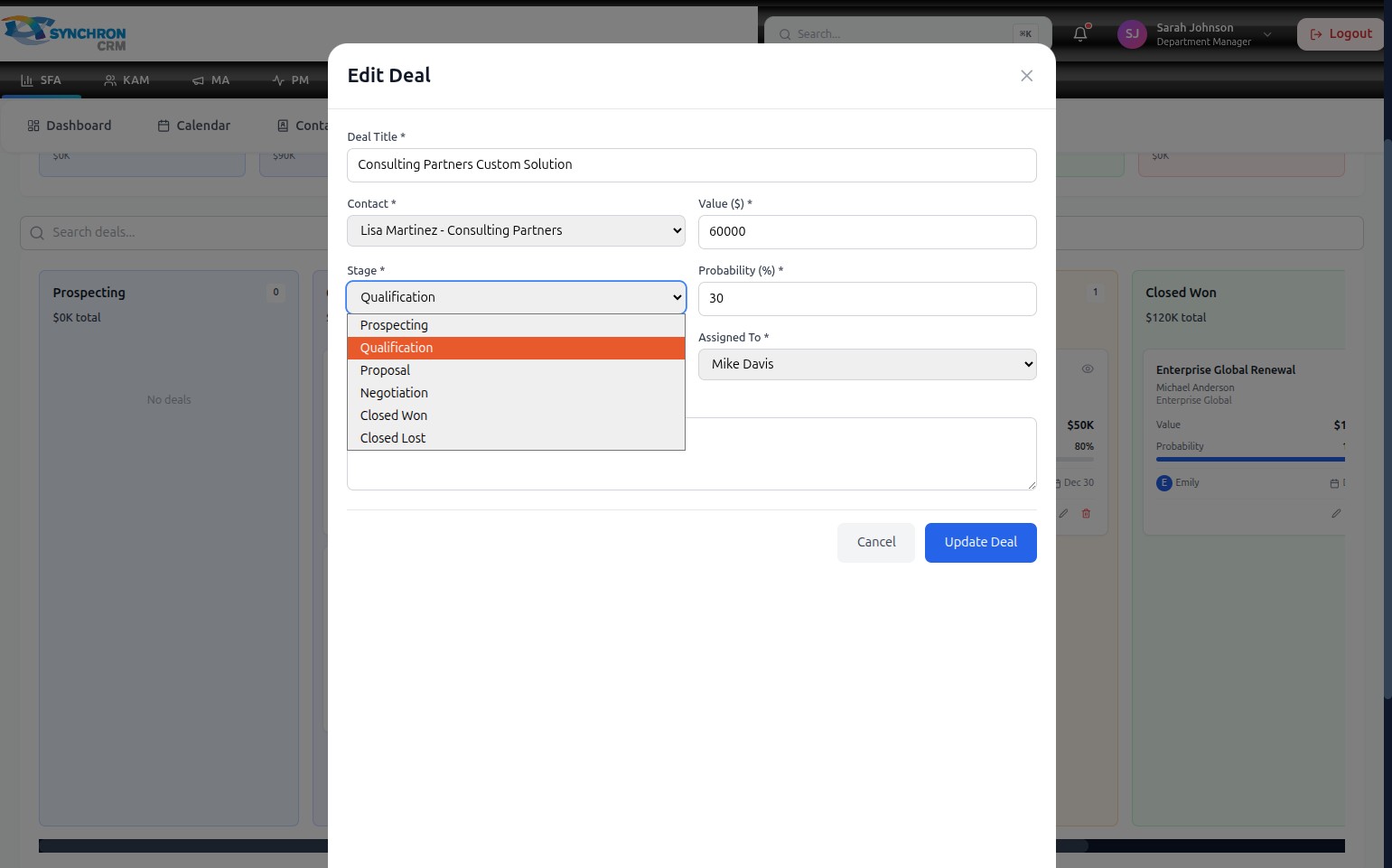 Edit Deal modal with the Stage dropdown expanded showing all six available stages: Prospecting (default), Qualification (currently highlighted in orange), Proposal, Negotiation, Closed Won, and Closed Lost