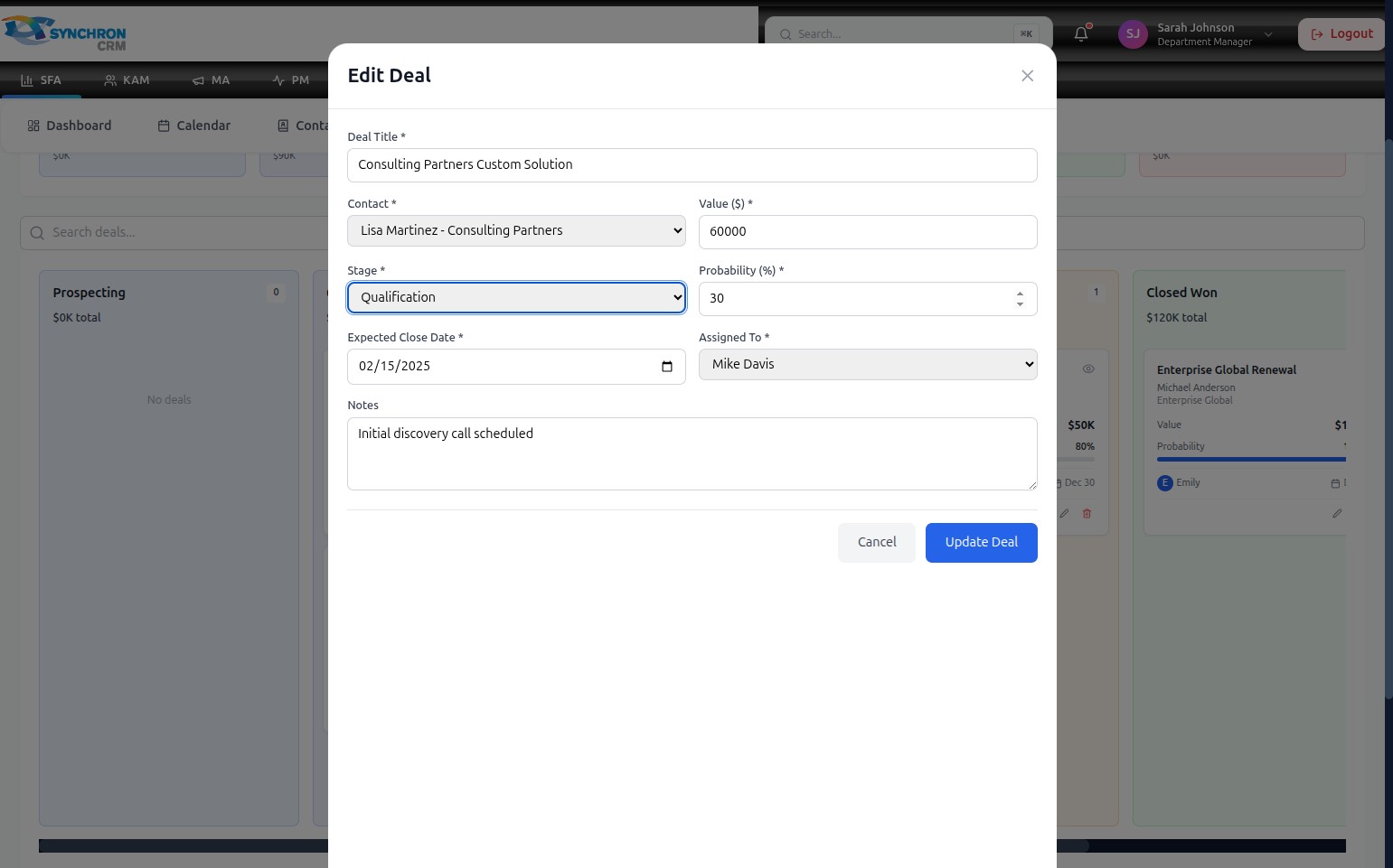 Edit Deal modal fully updated and ready to save, with the blue Update Deal button and gray Cancel button visible at the bottom
