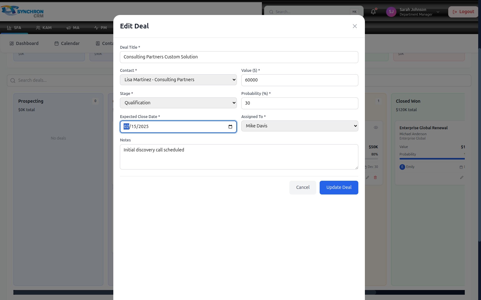 Edit Deal modal showing the Deal Title and Contact fields pre-populated with current deal data, ready for inline editing