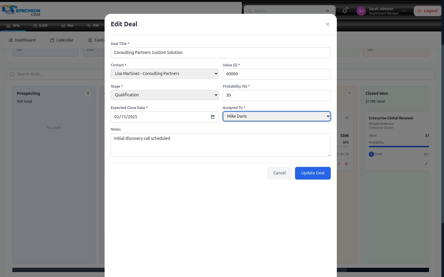 Edit Deal modal with the Expected Close Date field active and a date picker open, allowing the user to select a new anticipated closing date