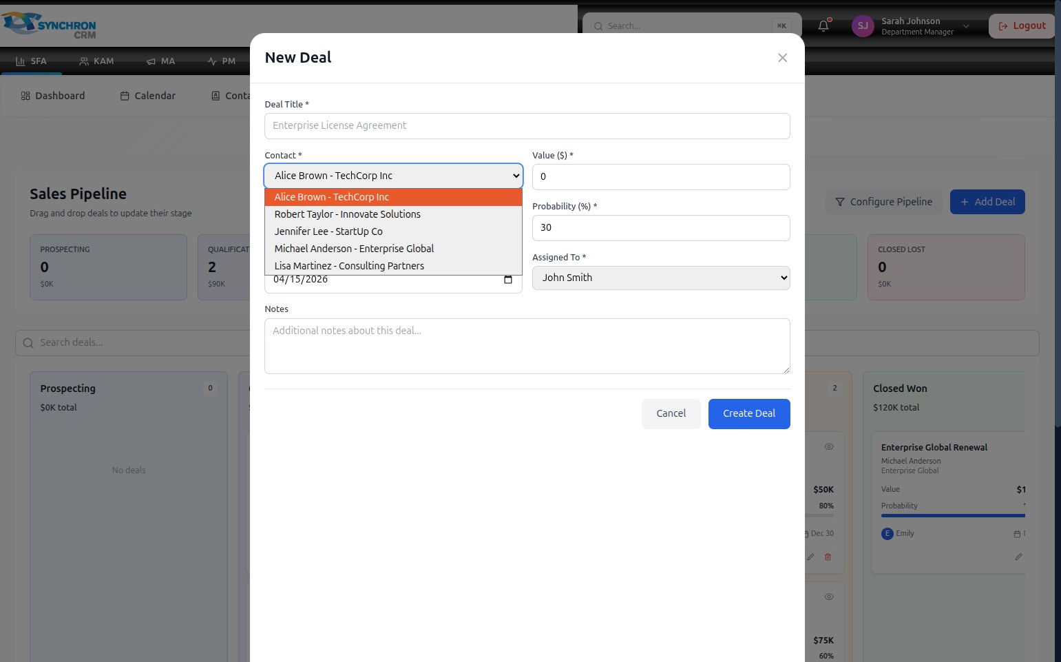 New Deal modal with the Contact dropdown expanded, showing options including Alice Brown - TechCorp Inc, Robert Taylor - Innovate Solutions, Jennifer Lee - StartUp Co, Michael Anderson - Enterprise Global, and Lisa Martinez - Consulting Partners
