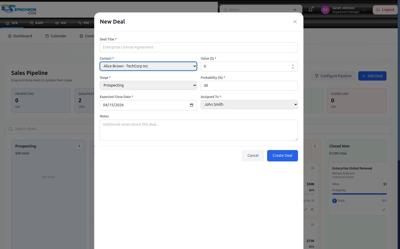 New Deal form with the Value dollar field focused, showing the numeric input for entering the estimated monetary value of the deal